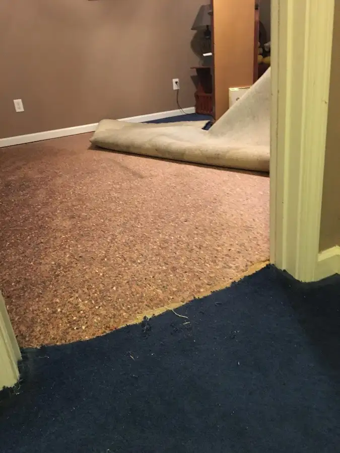 Carpet pad removal revealing water damage during Water Mitigation Services in Arcata